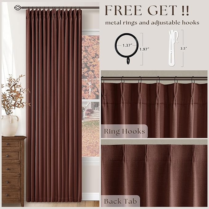 Brick Brown Pinch Pleated Blackout Linen Curtains 120 Inches Long for Living Room Bedroom 2 Panels Room Darkening Thermal Insulated Red Chestnut Country Farmhouse 100% Black Out Window Curtain Drapes