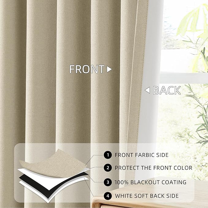 ChrisDowa 100% Blackout Natural Solid Curtains 84 Inches Long 2 Panels for Bedroom Living Room,Farmhouse Room Darkening Thermal Insulated Soundproof Grommet Top Window Treatment Drapes,52x84