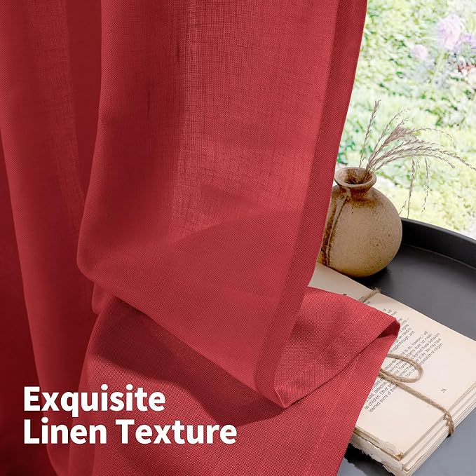 YoungsTex Red Linen Curtains 84 Inches Long for Living Room, Light Filtering Drapes with Grommet Semi Sheer Privacy for Christmas Bedroom Dining Room, 2 Panels, 52 X 84 Inch