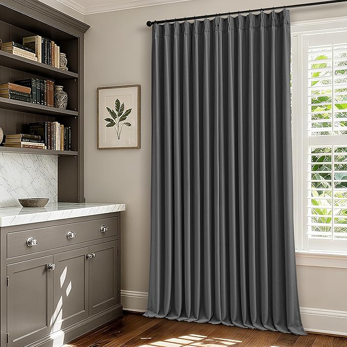 Grey Pleated Linen Blackout Curtains 84 Inches Long for Bedroom Living Room Pinch Pleat Black Out Thermal Insulated Ring Hooks Back Tab Room Darkening Drapes Charcoal Gray 84 Inch Curtains with Liner