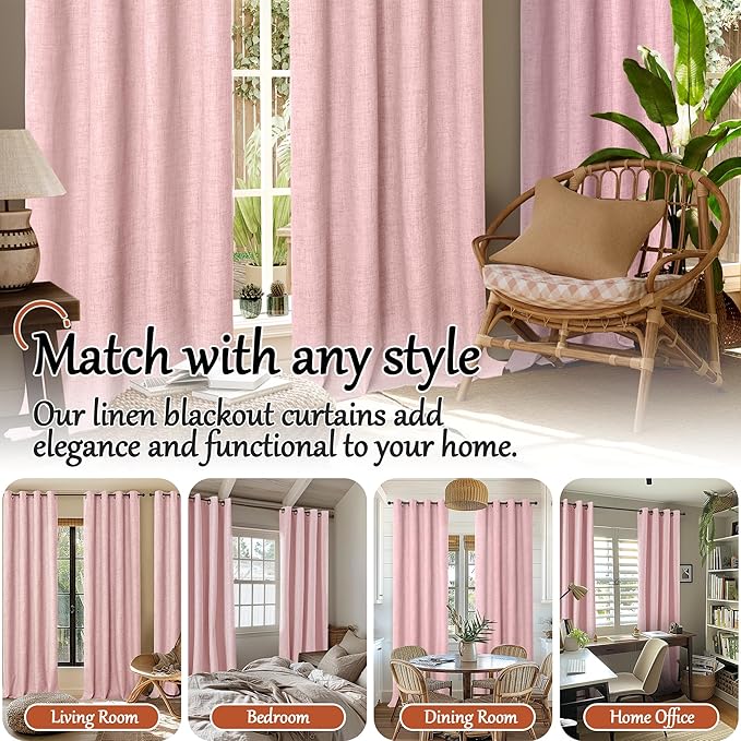 Baby Pink Linen Blackout Curtains for Nursery 45 Inch Length 2 Panels Set, Thermal Insulated Boho Total Black Out Noise Reducing Bonzer Grommets Window Curtains for Girls Bedroom, Each 52 Inch Wide