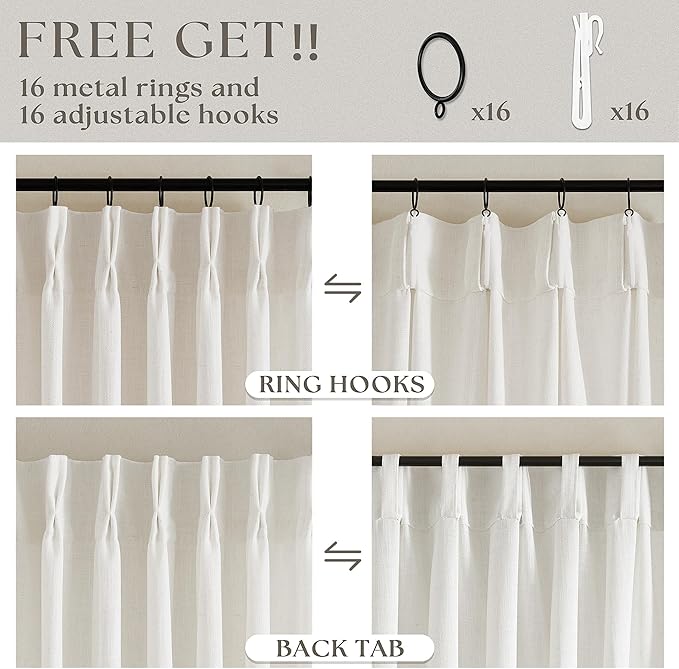 Custom Made Pinch Pleated Linen Curtains 105 Inches Long for Living Room 2 Panels Set Cream Ivory Memory Pleated Drapes Back Tab Neutral Boho Ceiling Floor 105 Inch Window Curtains Natural Birch
