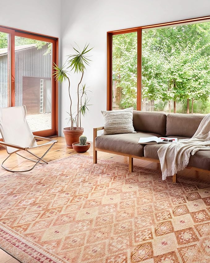 Loloi Layla Collection LAY-16 Natural/Spice 2'-6" x 12'-0" .13" Thick Runner Rug, Soft, Durable, Vintage Inspired, Distressed, Low Pile, Non-Shedding, Easy Clean, Printed, Living Room Rug