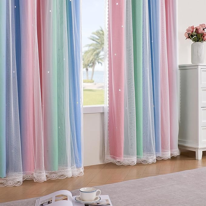 XiDi Pink & Rainbow Curtains for Kids & Girl Rooms - Blackout, Unicorn Wall Decals, 52x84 Inch