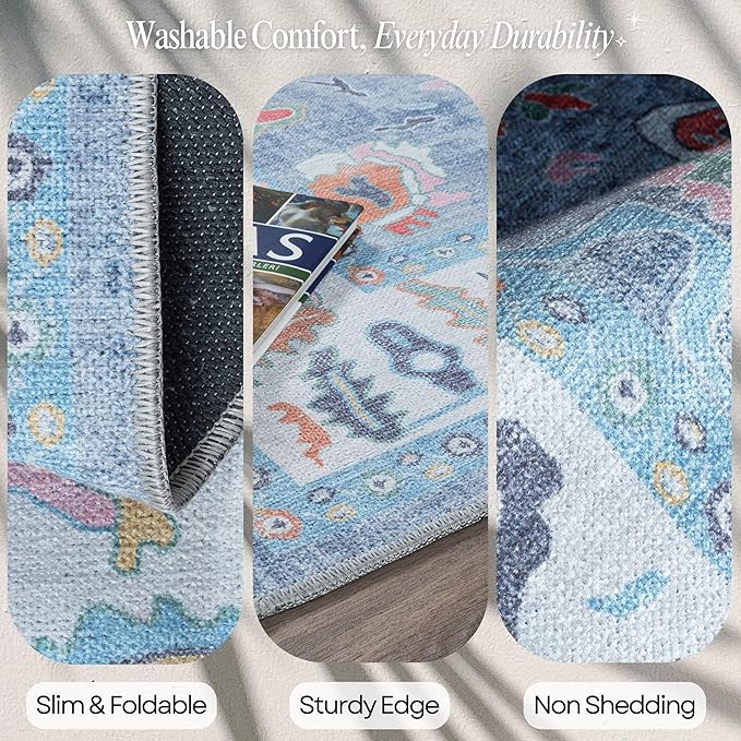 Fame Rugs Blue Modern Oushak Rug 2'6"x7', Washable Vintage Turkish Colorful Oriental Antique Inspired Foldable Small Runner Rugs, Luxury Living Room Bedroom (381LB, 2'6" x 7')