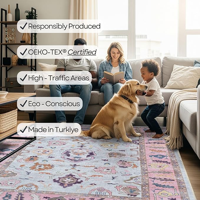 Fame Rugs Pink Beige Modern Oushak Rug 2x3, Vintage Doormat Turkish Colorful Oriental Antique Inspired Washable Small Area Rug, Luxury Living Room Bedroom (390PP, 2' x 3')