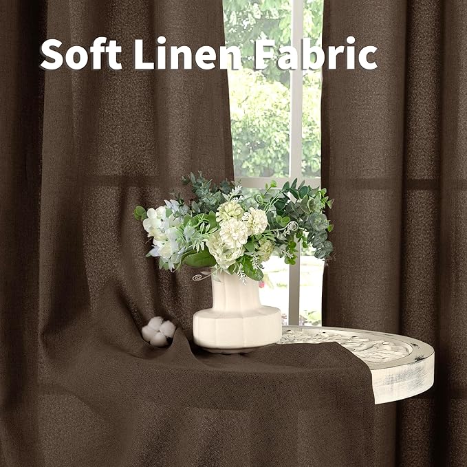 YoungsTex Brown Linen Kitchen Curtains 40 Inch Length with Grommet, Short Drapes Light Filtering Semi Sheer Fall Decor for Cafe Bathroom Window, 42 x 40 Inch, 2 Panels