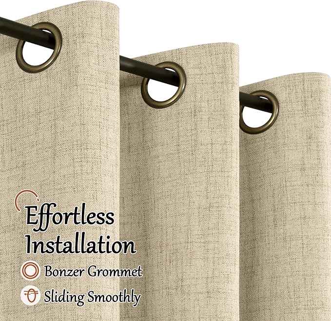 Faux 100% Blackout Curtains for Bedroom 63 Inch Length 2 Panels, Thermal Insulated Total Light Blocking Noise Reducing Linen Window Curtains for Nursery, Bronze Grommet, Each 52" Wide, Burlap