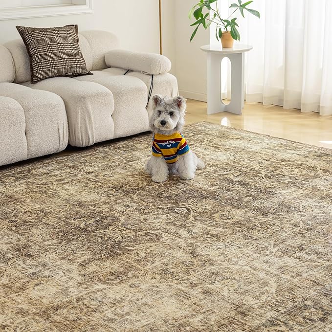 FMFUNCTEX 3x5 Washable Area Rug Brown Vintage Neutral Non Slip Low Pile Traditional Retro Indoor Carpet for Entryway Entrance Soft Floral Throw Rug Living Room Bedroom Kitchen Dining Office Laundry