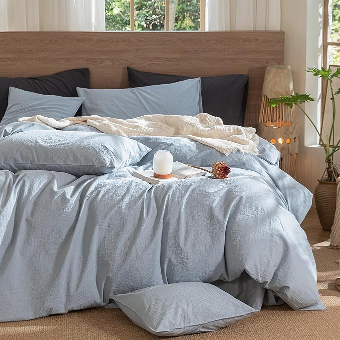 MooMee Wavy Striped Duvet Cover Set 100% Washed Cotton Linen Like Textured Breathable Durable Soft Comfy (Cornflower Blue, Cal King 104"x98")