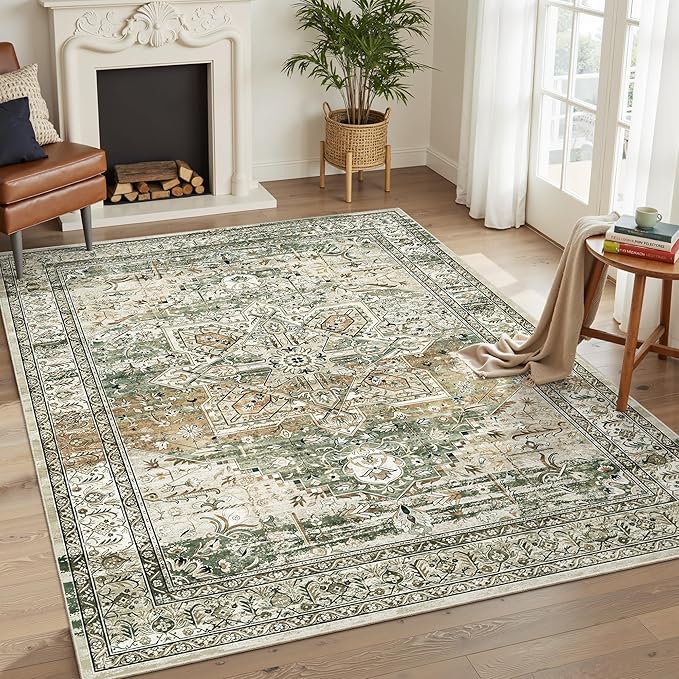 5x7 Area Rugs Low Pile Indoor Washable Trendy Faded Style Rugs for Bedroom Living Room Dining Room Foldable Non-Slip Thin Print Mat Green Olive Beige