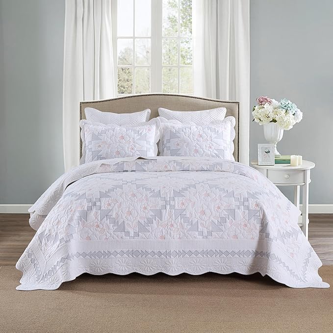 MarCielo 3-Piece 100% Cotton Oversized Bedspread Lightweight Quilt Coverlet Embroidery Farmhouse Bedding Set (TC Colorful White, Oversized King (118"x106"))