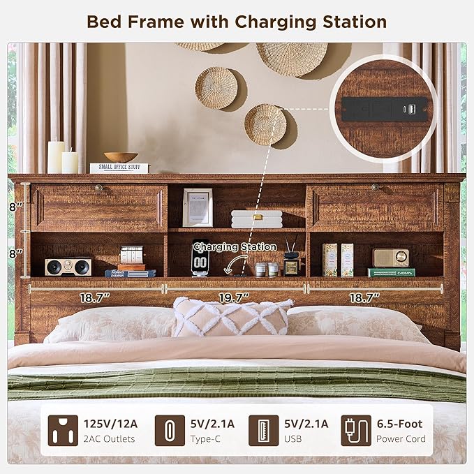 Farmhouse Queen Size Bed Frame with 54" Tall Headboard, Headboard with 4 Storage Rack, 2 Drawers, Wood Platform Bed Frame,18" Roman Column Decoration Footboard,No Box Spring Needed(Reclaimed Barnwood)