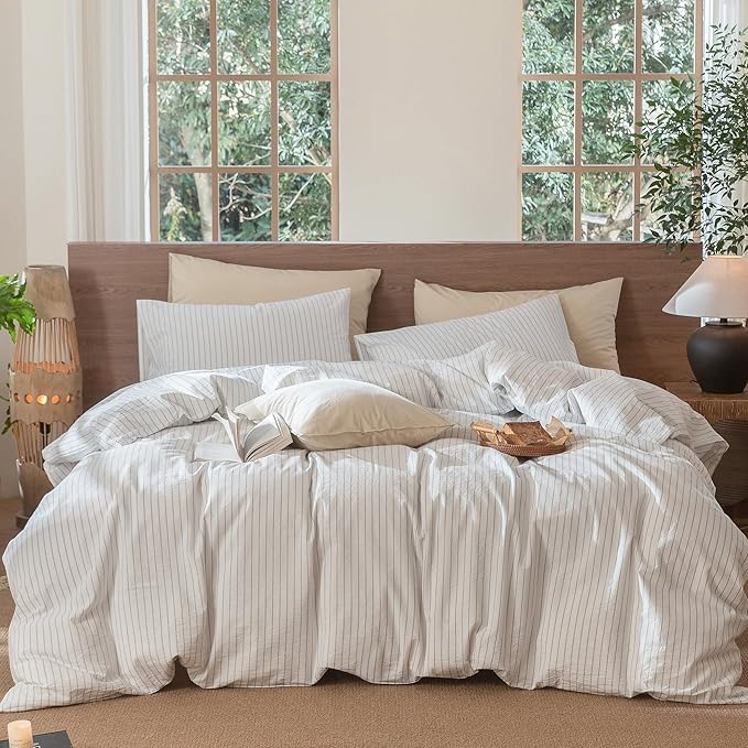 MooMee Striped Duvet Cover Set 100% Washed Cotton Linen Like Textured Breathable Durable Soft Comfy (White Cornflower Blue Wide Stripes, Oversized Queen 98"x98")