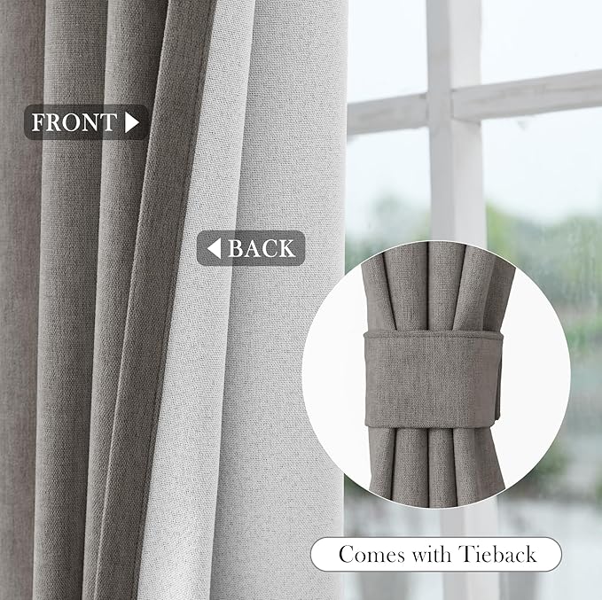 Macochico 100% Blackout Chenille Curtains 96 Inches Long for Hotel Nursery Noise Reducing Thermal Curtains for Bedroom Living Room Grommet Stone Grey Curtains with Tieback 52" Wx96 L Classic 1 Panel