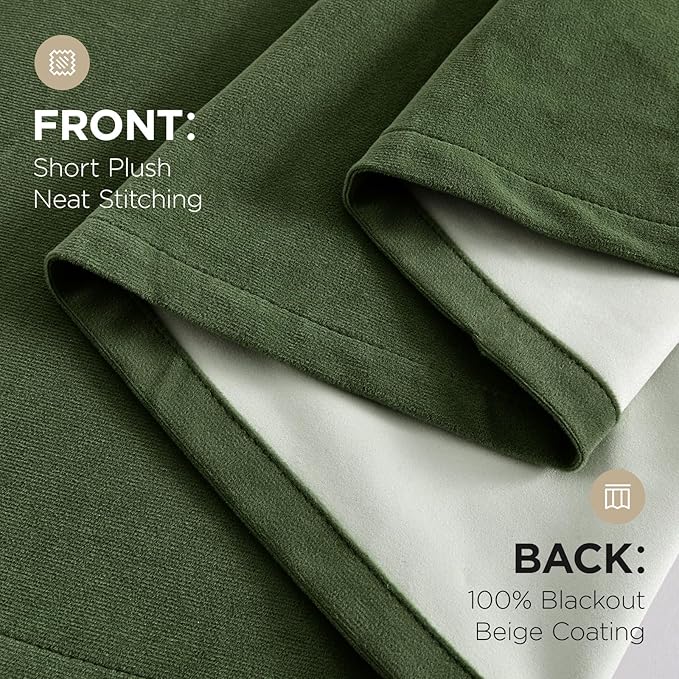 Joydeco Olive Green 100% Blackout Curtains 90 Inch 2 Panels, Luxury Thermal Green Velvet Curtains for Bedroom Living Room, Soundproof Blackout Window Drapes, Rod Pocket & Back Tab (52W x 90L)