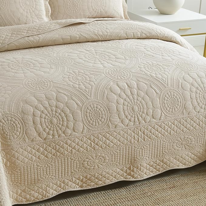 MarCielo 3-Piece 100% Cotton Oversized Bedspread Lightweight Quilt Coverlet Embroidery Farmhouse Bedding (Tf Khaki Beige, Oversized Queen (100"x106"))