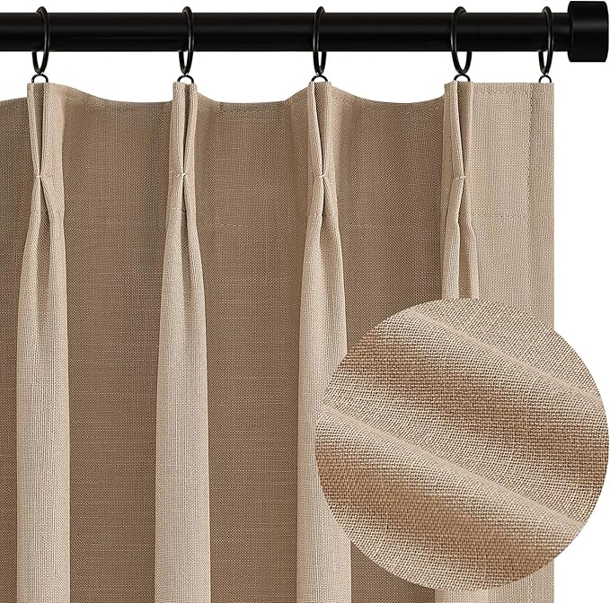 Topfinel Pinch Pleated Curtains 90 Inch Long, 100% Blackout Thermal Insulated Natural Linen Pinch Pleat Viral Drapes with Hooks Rings 2 Panel Sets, Neutral Birch Ivory 7.5FT Back Tab Window Curtains