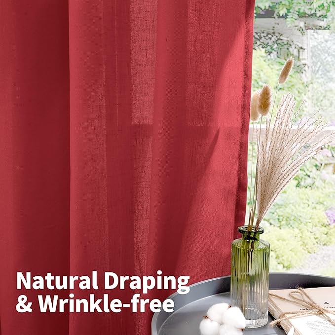 YoungsTex Red Linen Curtains 90 Inches Length for Living Room, Light Filtering Drapes Privacy with Grommet for Christmas Bedroom Dining Room, 2 Panels, 52 X 90 Inch