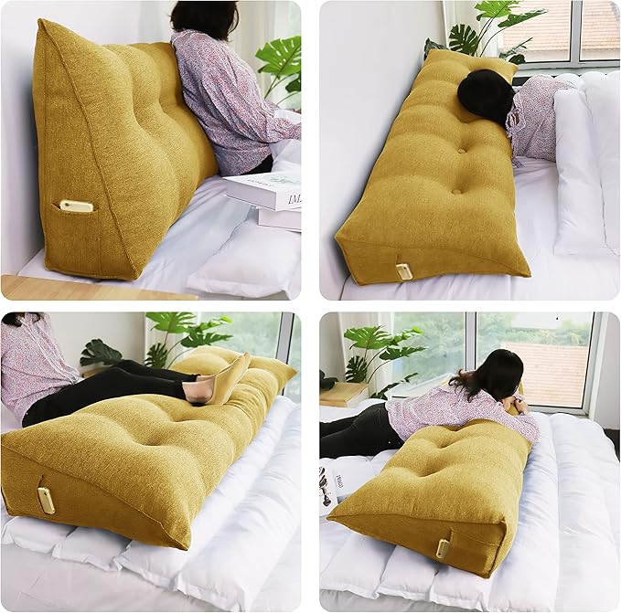 homecozy Wedge Headboard Pillow Dorm Room Reading Pillow Back Support for Sitting Up in Bed Bolster Lumbar Cushion Body Positioning Bedrest Gifts for Mom Cotton Linen 76in Yellow King