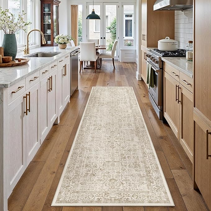 Light Brown Runner Rug 2x10 Hallway Machine Washable Kitchen Vintage Distressed Non Slip Long Carpet Indoor Retro Floral Bedroom Accent Throw Rug for Bathroom Office Laundry Dining Room