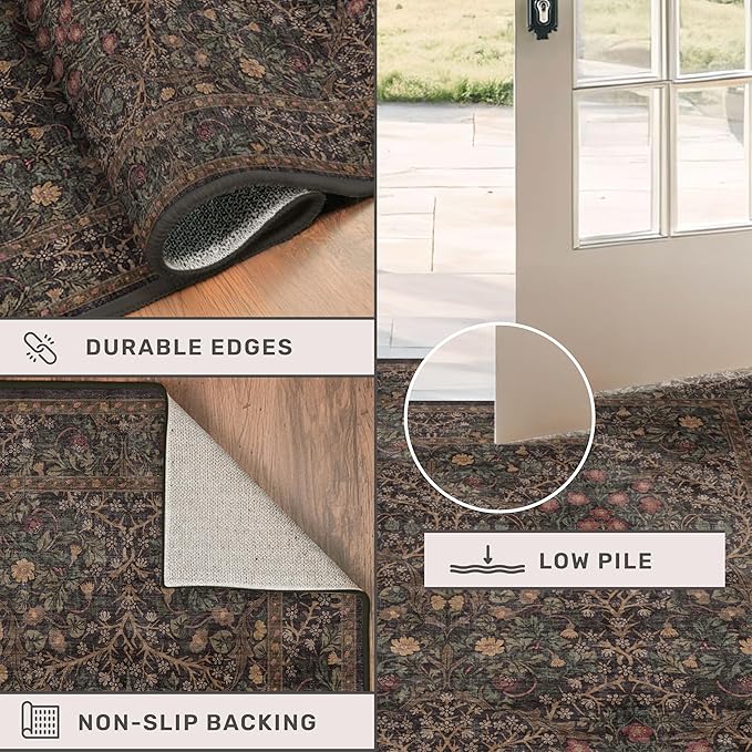Washable Dark Taupe Brown 4x6 Area Rugs for Living Room, Bedroom Beside Rug, Kitchen, Mudroom, Non-Slip Low Pile Ultra Soft Stain Resistant, Small Vintage Green Botanical Floral Carpet