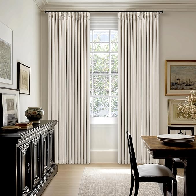 102 Inch Pinch Pleated Blackout Curtains for Bedroom 2 Panels Thick Linen Textured Memory Trained 100% Black Out Room Darkening Natural Cream Ivory Window Curtains Double Layer Pinch Pleat Drapes