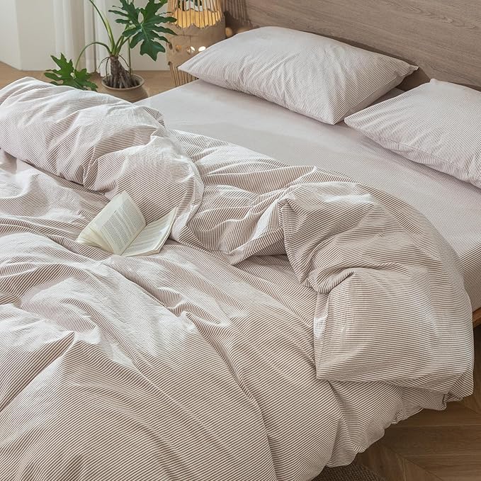 MooMee Striped Duvet Cover Set 100% Washed Cotton Linen Like Textured Breathable Durable Soft Comfy (Orange Pinstripes, Super King 108"x98")