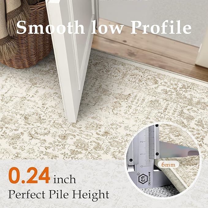 Light Brown Runner Rug 2x10 Hallway Machine Washable Kitchen Vintage Distressed Non Slip Long Carpet Indoor Retro Floral Bedroom Accent Throw Rug for Bathroom Office Laundry Dining Room