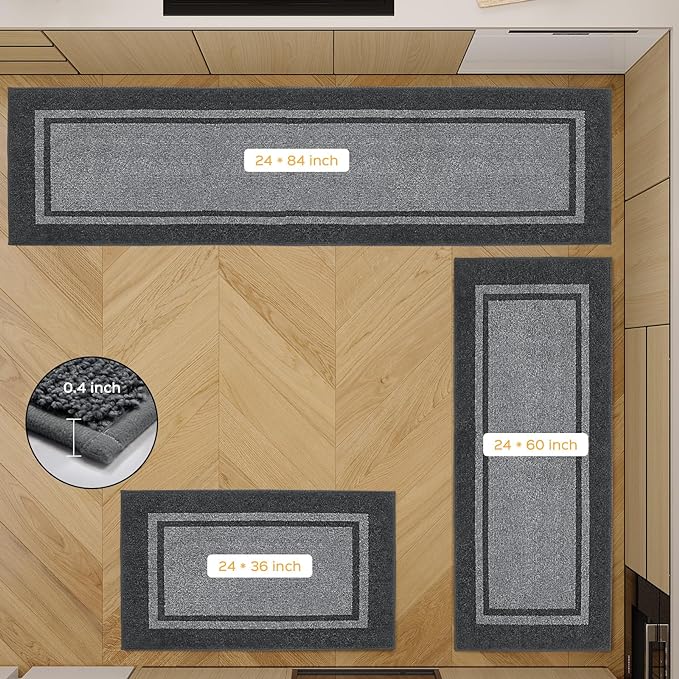 Kitchen Rugs 24" x 70", Non-Slip Machine Washable Kitchen Runner Rugs Floor Mats, Absorbent Comfort Standing Mats for Kitchen, Sink, Laundry and Hallway, Rolled Packaging, Light Grey & Dark Grey