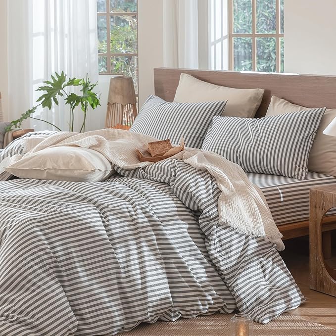 MooMee Striped Duvet Cover Set 100% Washed Cotton Linen Like Textured Breathable Durable Soft Comfy (Dark Grey White Classic Stripes, Super King 108"x98")