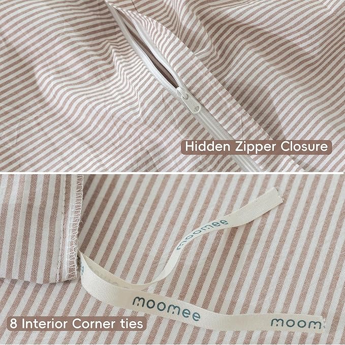 MooMee Striped Duvet Cover Set 100% Washed Cotton Linen Like Textured Breathable Durable Soft Comfy (Orange Pinstripes, Super King 108"x98")