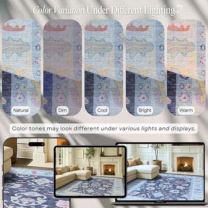 Fame Rugs Navy Blue Modern Oushak Rug 2'6"x7', Washable Vintage Turkish Colorful Oriental Antique Inspired Foldable Small Runner Rugs, Luxury Living Room Bedroom (388NB, 2'6" x 7')