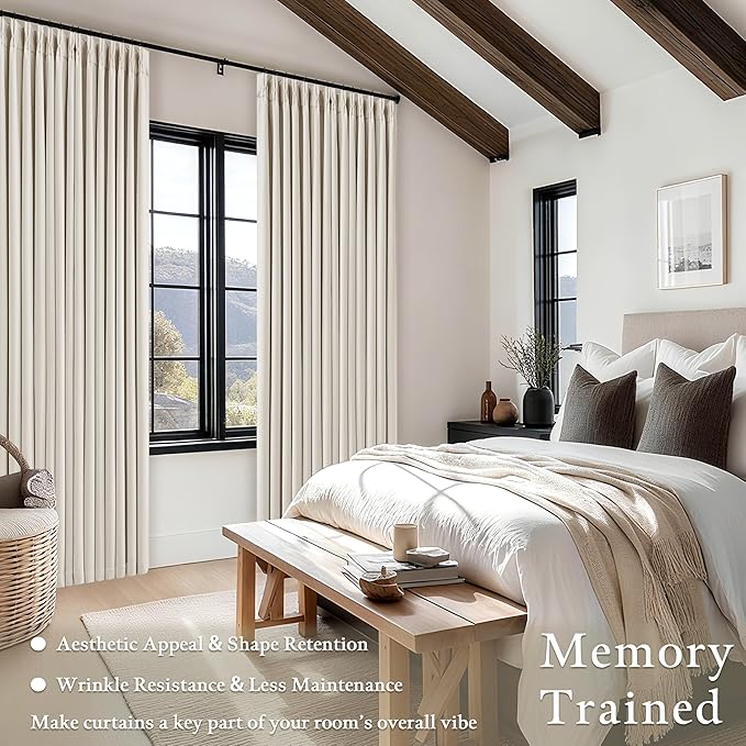 Pinch Pleated Blackout Linen Curtains 84 Inch Long for Living Room Bedroom Room Darkening Thick Linen Curtain 84 Inch Length 2 Panels Set Double Layer Boho Farmhouse Cream Ivory Natural Window Drapes
