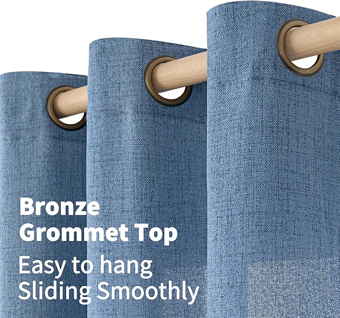 YoungsTex Blue Linen Curtains 63 Inches Long 2 Panels for Window - Textured Short Light Filtering Drapes with Bronze Grommet for Living Room Bedroom Privacy Lightweight, 42 x 63 Inch