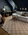 Loloi Chris Loves Julia Calvin Collection CLV-01 Wheat/Ivory 7'-10" x 7'-10" Round Area Rug Checkered Neutral Soft Living Room Bedroom Carpet