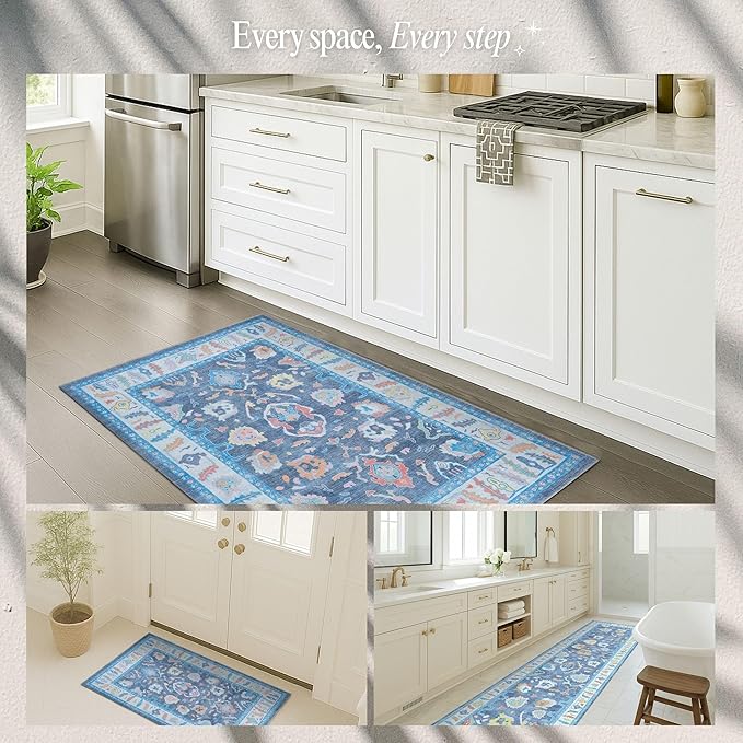 Fame Rugs Blue Modern Oushak Rug 2'6"x10, Vintage Turkish Colorful Oriental Antique Inspired Foldable Long Washable Runner Rugs, Luxury Living Room Bedroom (387BNB, 2'6" x 10')