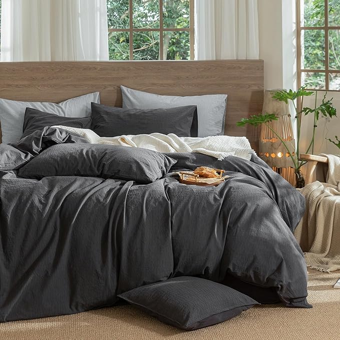 MooMee Wavy Striped Duvet Cover Set 100% Washed Cotton Linen Like Textured Breathable Durable Soft Comfy (Charocal Grey, Cal King 104"x98")
