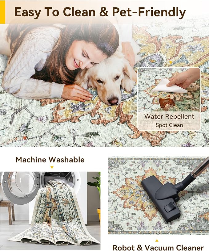 Area Rugs 2'6''x14' Washable Non-Slip, Floral Vintage Distress Print Pattern Medallion Carpet for Living Room Bedroom Dining Room, Light Yellow Carbon Grey Orange