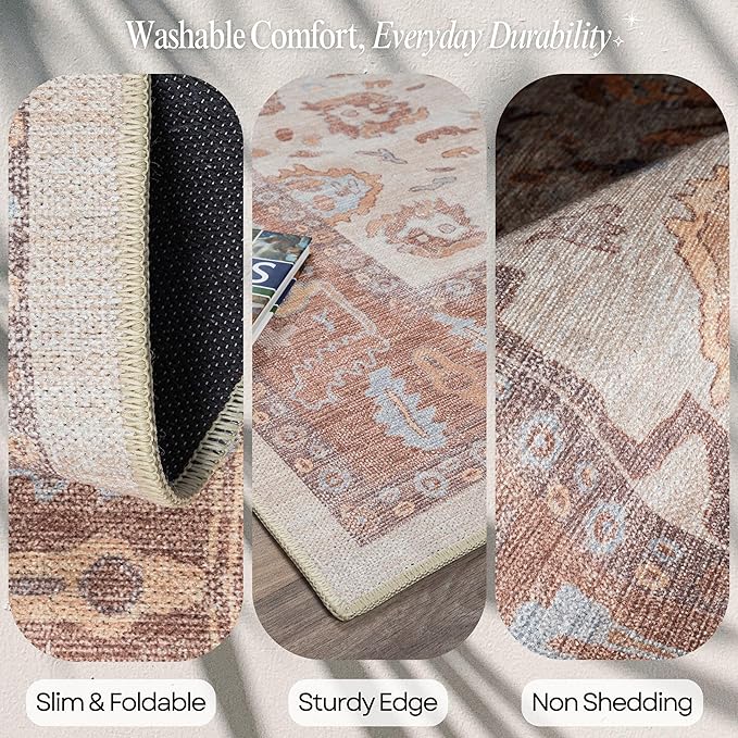 Fame Rugs Brown Modern Oushak Rug 2'6"x7', Washable Vintage Turkish Colorful Oriental Antique Inspired Foldable Small Runner Rugs, Luxury Living Room Bedroom (383BB, 2'6" x 7')