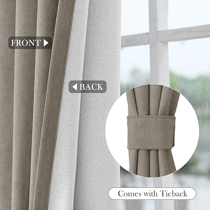 Macochico 120" Wx84 L 100% Blackout Chenille Curtains for Sliding Door Living Room Bedroom, Luxury Drapery for Hotel Home Theater, Light Taupe Thermal Window Treatments with Tieback, Grommet, 1 Panel