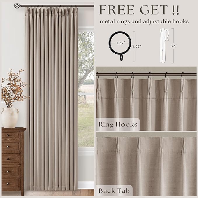 Pinch Pleated Blackout 102 Inch Bedroom Curtains 2 Panels Set Linen Dual Layer Soundproof Farmhouse Window Drapes for Living Room with Hooks Rings Back Tab 100% Black Out Window Drapes 40x102