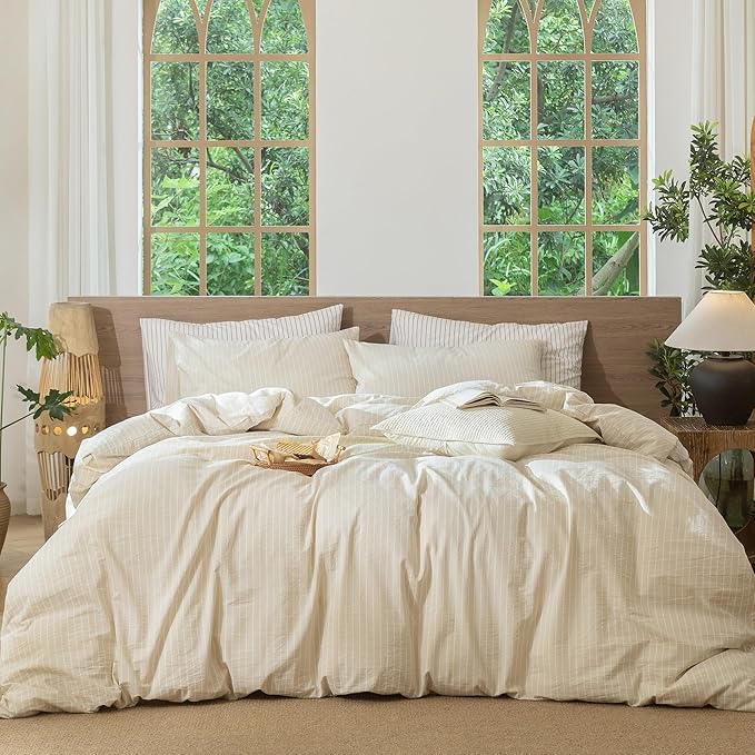 MooMee Striped Duvet Cover Set 100% Washed Cotton Linen Like Textured Breathable Durable Soft Comfy (Almond Milk Grey White Wide Stripes, Oversized Queen 98"x98")