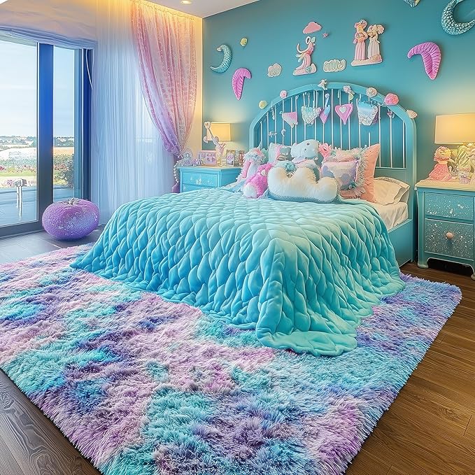 PAGISOFE Cute Furry Pastel Rug for Girls Bedroom, Soft Shag Rainbow Purple Tent Rugs for Livingroom, Kids Room, Playroom Nursery Home Decor, Plush Mermaid Kawaii Rug Fluffy Fuzzy Carpet 4x6 Area Rug