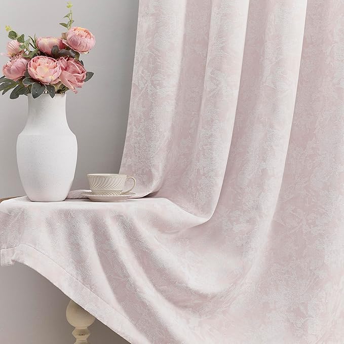 Beauoop Pink Floral Jacquard Blackout Curtains 84 Inches Long for Patio Sliding Door Extra Wide Chenille Flower Divider Room Darkening Thermal Soundproof Grommet Window Drapes, 100x84 Set of 1