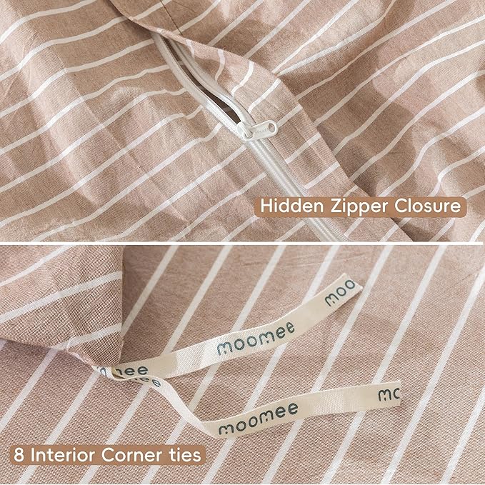 MooMee Striped Duvet Cover Set 100% Washed Cotton Linen Like Textured Breathable Durable Soft Comfy (Orange White Wide Stripes, Palatial King/Oversized King 120"x98")