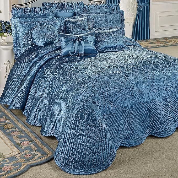 Touch of Class Portia Luxury Bedding | Sapphire | Quilted Polyester Satin | Romantic Hand Guided Machine Quilted Scroll Design 7 Piece Set with Full Bedspread, 2 Standard Shams, 4 Pillows