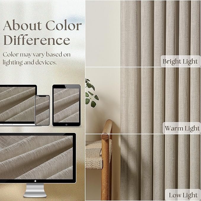 Taupe Burlywood Pinch Pleat Linen Curtains 120 Inches Long 60 Inch Wide for Patio Sliding Door Light Filtering Semi Sheer Pleated Drapes Back Tab Extra Wide 60 x 120 Curtain for Living Dining Room