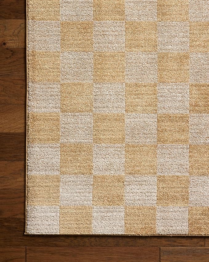Loloi Chris Loves Julia Calvin Collection CLV-01 Apricot/Ivory 7'-10" x 7'-10" Round Area Rug Checkered Neutral Soft Living Room Bedroom Carpet