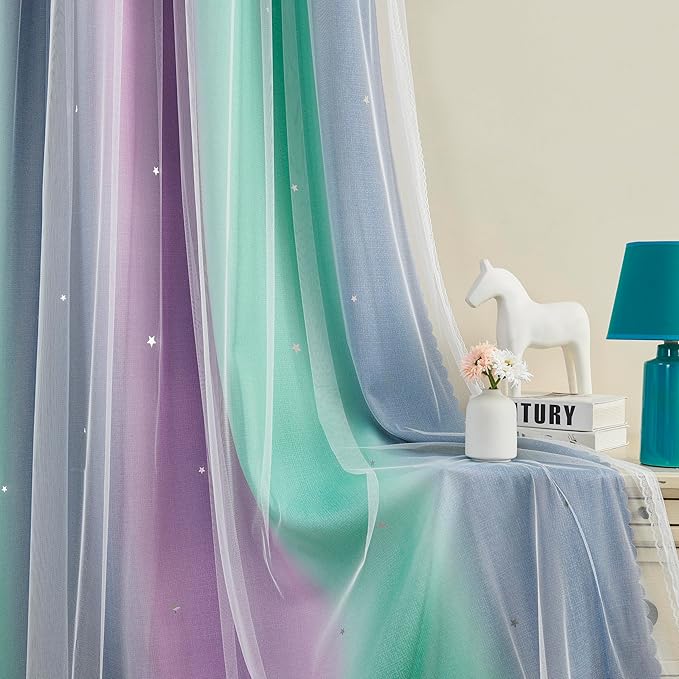 XiDi Grey Kids Curtains for Bedroom, Nursery Bedroom Blackout Curtain, Childs Room Decor Purple Green Curtains, Girls Curtains 72 inchs Long 52 inches Wide 1 Panel